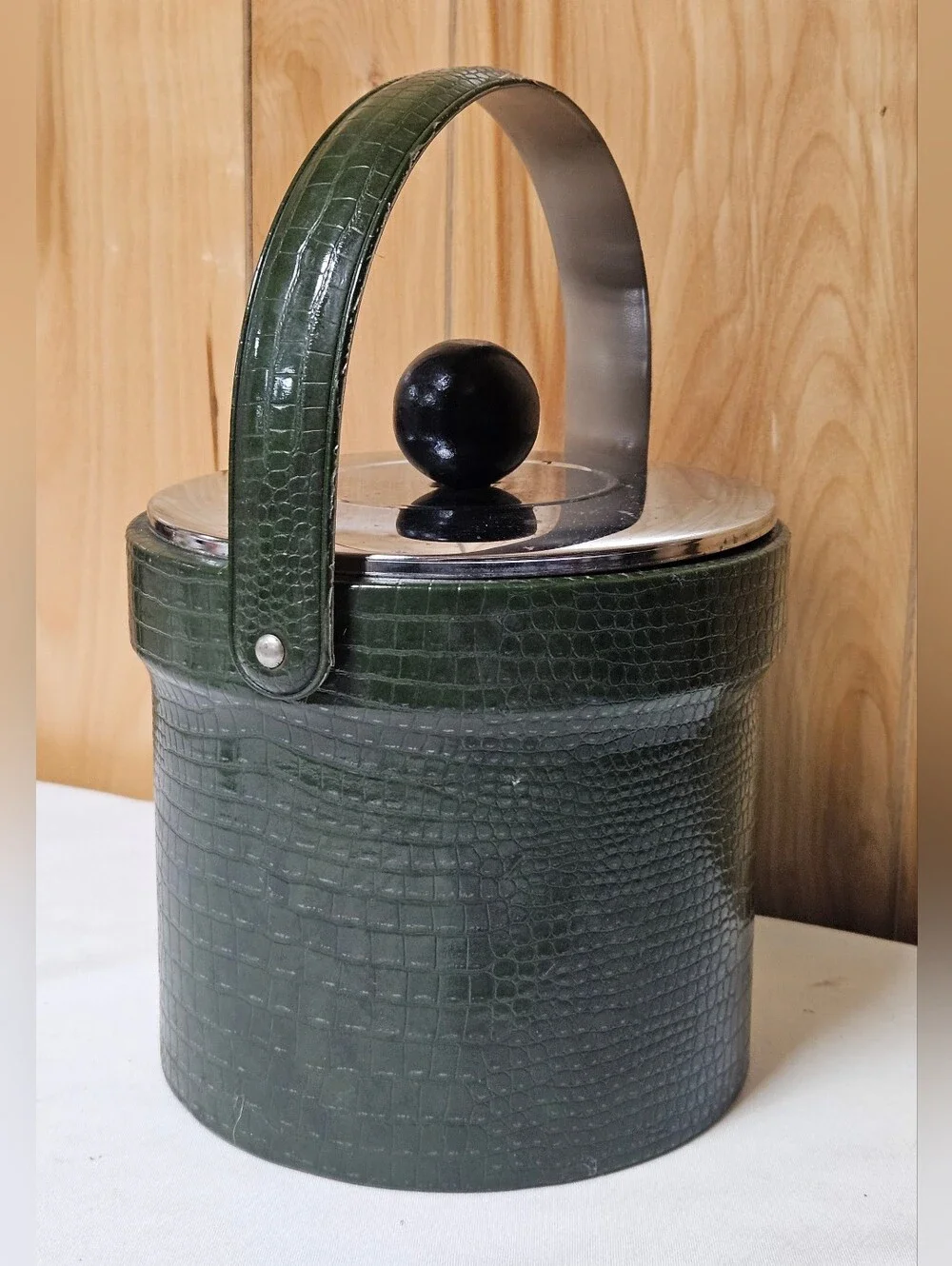 Atapco Ice Bucket 1960s Embossed Green Faux Alligator W/ Stainless Lid Wood Knob